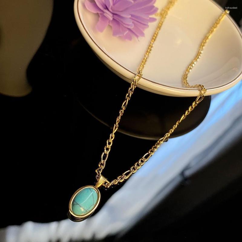 

Pendant Necklaces RHYSONG Vintage Natural Turquoise Necklace Oval Stone Charms Collar Women Stainless Steel With Gold Plated Jewelry Gift