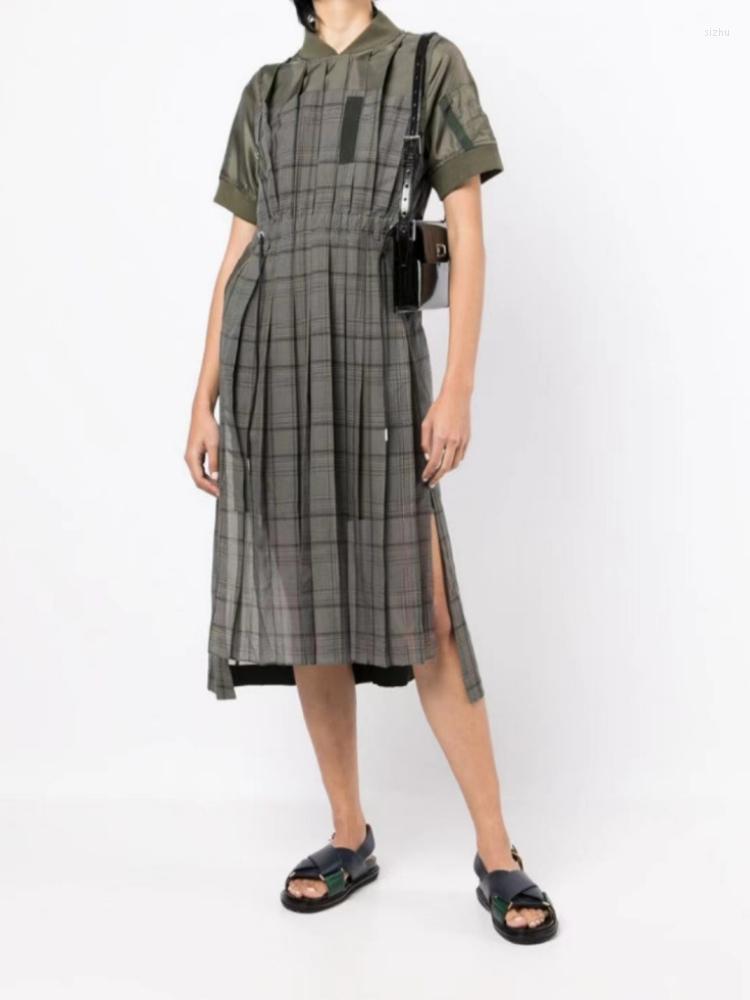 

Casual Dresses Women Dress 2022 Summer Products Classic Stitching Plaid Slit Lace Two-piece Short-sleeved Mid-length, Army green