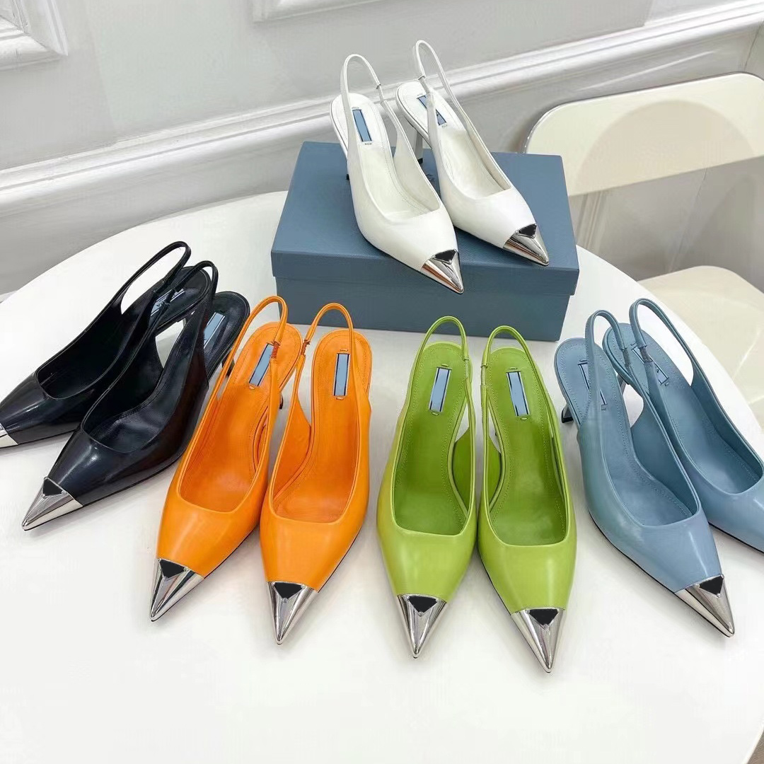 

stiletto heel dress Shoes Iron head women slingbacks classic Triangle Buckle Lady pumps designer 7.5CM high heeled genuine leather sole womens shoe 35-41, Black
