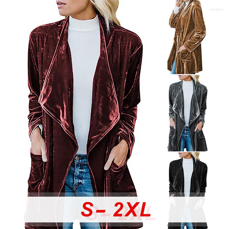 

Women' Trench Coats 2022Long Sleeve Retro Plus Size Women Cardigan Jacket Mid-length Windbreaker Ladies Gold Velvet Draped Elegant Long, Black