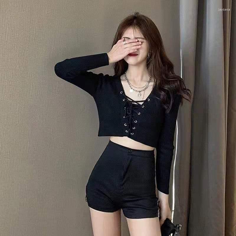 

Women's Sweaters Autumn Women's 2022 Korean Slim Fit Short Tops Female Crop Top Black Personalized Bandage V-neck Long Sleeve T-shirt, Grey
