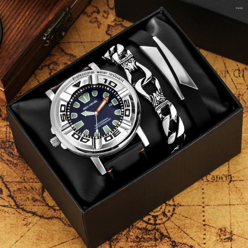 

Wristwatches Luxury Waterproof Watch For Men 3PCS Fashion Luminous Calendar Quartz Watches Bracelet Set Gift Male Relogio Masculino, Only watch 01