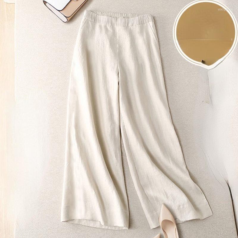 

Women's Pants Linen Wide-leg Women's 2022 Summer Elastic Waist Light Ankle-length Fashion Causal Lady Trousers Z64, Beige