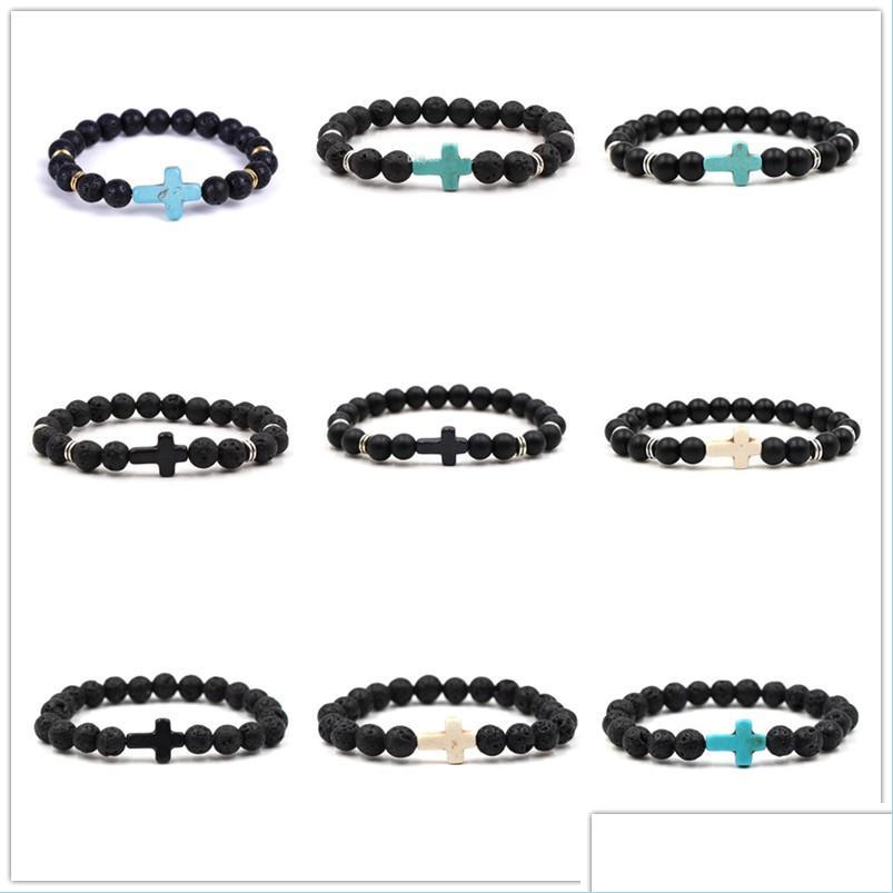 

Beaded Strands 8Mm Black Stone Beads Cross Charms Elastic Strand Bracelet Bangle For Women Men Jewelry Drop Delivery 2022 Bracelets Y Dh2Sw