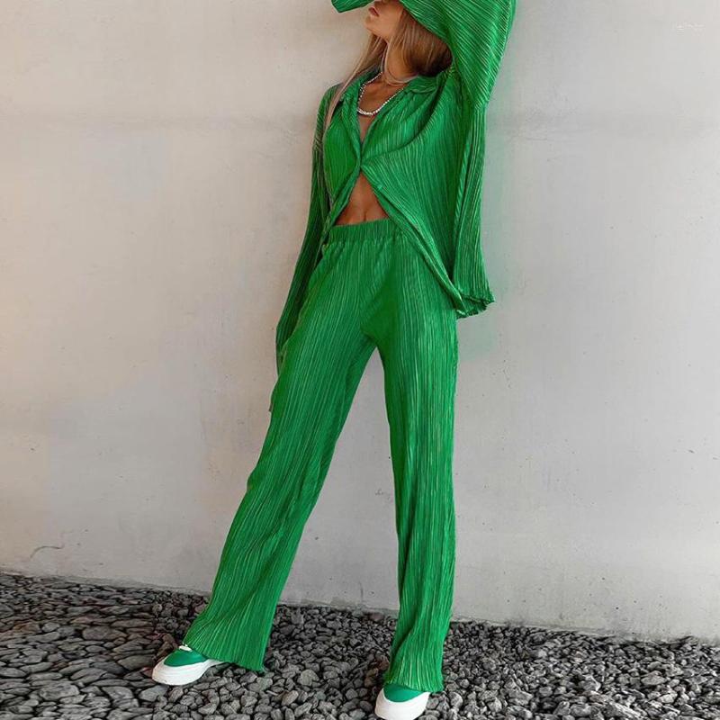 

Women' Two Piece Pants Women Pleated Drap Shirt And Wide Leg 2 Pieces Sets Vintage Chic Straight Long Trousers Spring 2022 Outfits, Orange