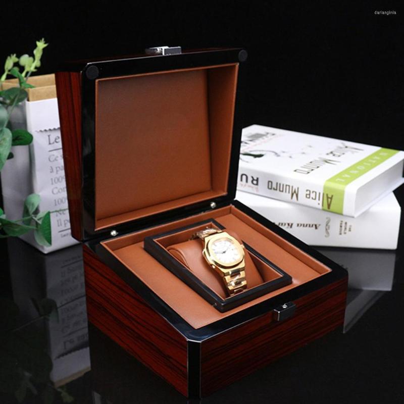 

Watch Boxes Premium Brown Solid Wood Box Single Slot PU Leather Mens Jewelry Storage Organizer Holder Square Display Case