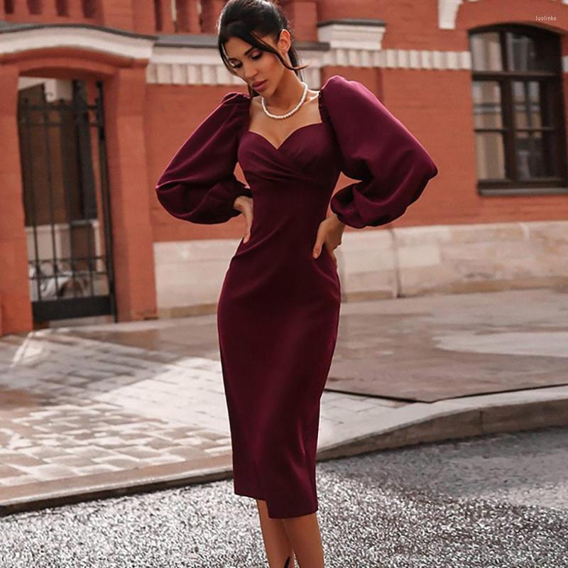 

Casual Dresses 2022 Autumn Winter Club Party Night Red Elegant Midi Dress Mujer Black Sexy Pure V Neck Off Shoulder Bodycon Women