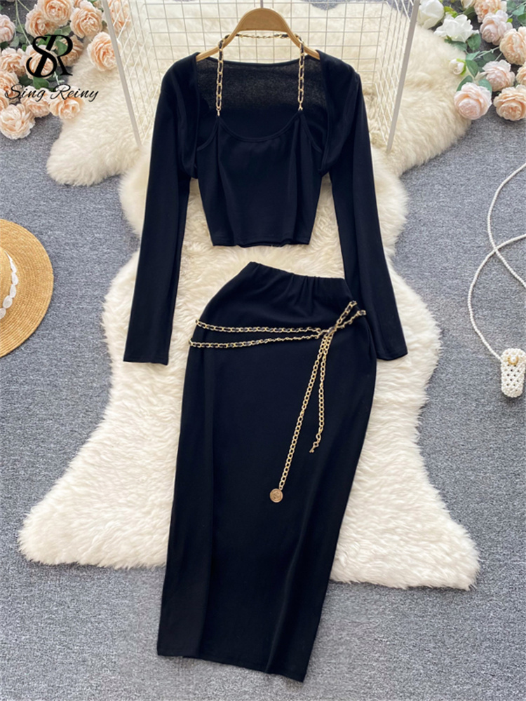 

Two Piece Dress SINGREINY Halter Chain Women Pieces Suits Fashion Long Sleeve Mini Top High Waist Midi Bodycon Autumn Solid Sexy Sets 221010, Black