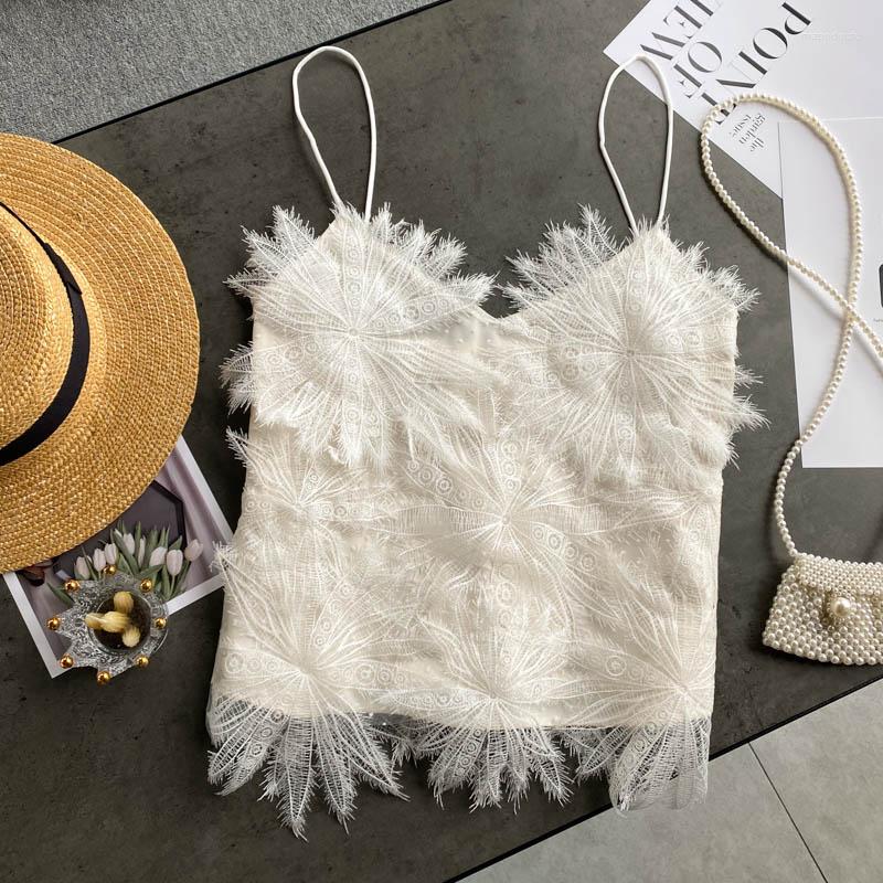 

Women's Tanks French Style Lace Embroidery Flower Camisole Women's Fringed Feather Slim Fashion Tank Tops Sleeveless All-match Cropped, White