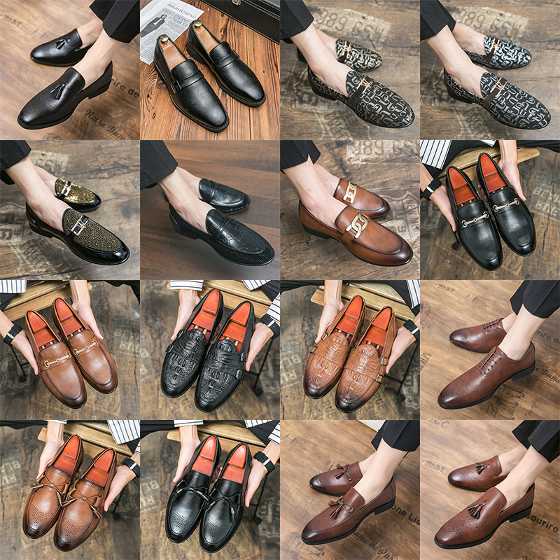 

Luxury brogue oxford shoes pointed toe leather shoes embroidered rhinestone tassel metal buckle high-end men's fashion formal casual slip-on shoes various size38-47, 7757 brown