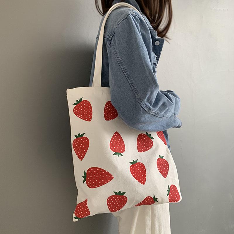 

Shopping Bags Women Canvas Tote Shopper Bag Large Eco Strawberry Printing Shoulder For Girl 2022 Female Student Foldable Handbag, White