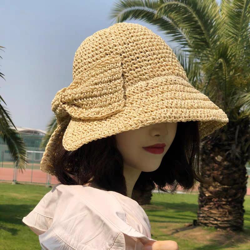 

Wide Brim Hats Spring Summer Ladies Bucket Sun Hat Big Bow Round Top Outdoor Holiday Beach Cap Folding Handmade Straw For Women, Black