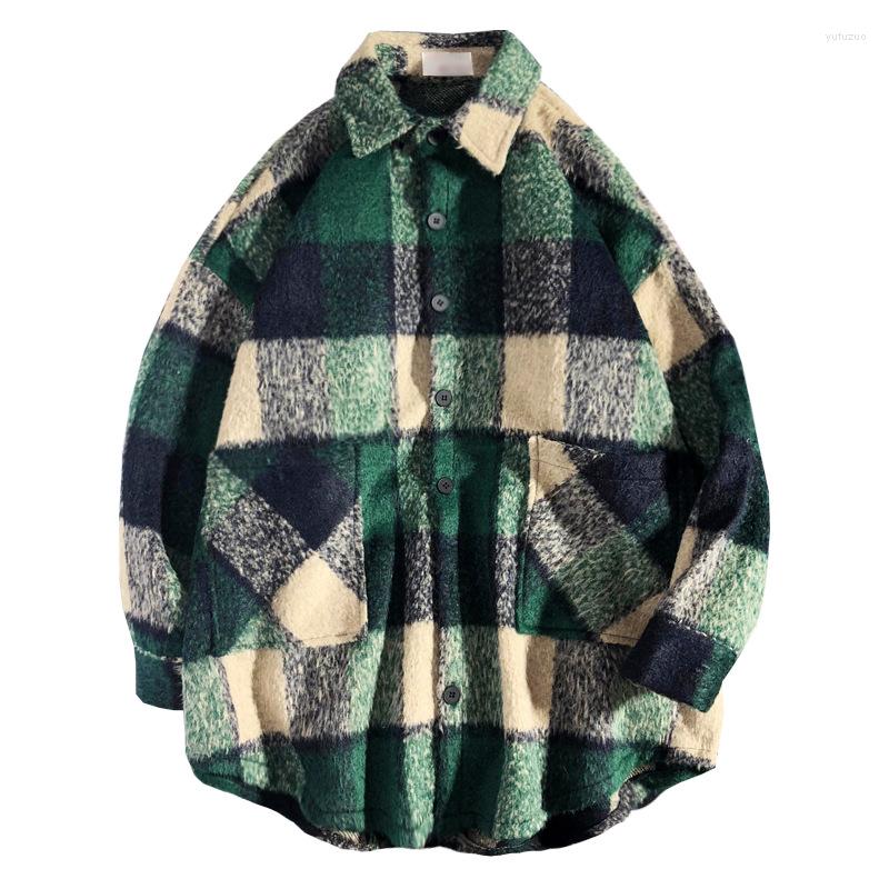 

Men's Jackets Plaid 2022 Men Shirt Fashion Casual Loose Wool Jacket Coat Man Autumn Streetwear Male Clothes High Quality, Green