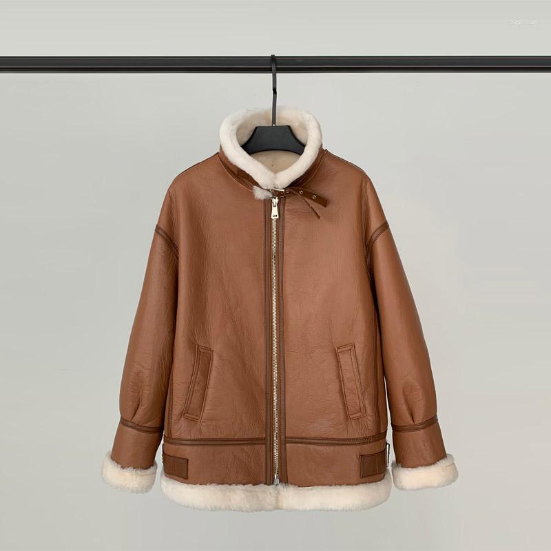 

Women's Leather 2022 Fur All-in-one Coat Jurchen People Lambskin Mid-length Motorcycle Sheep Shearling, Brown