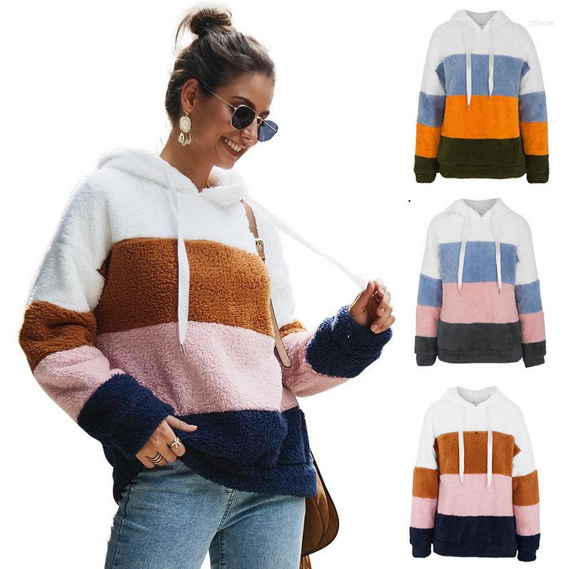 

Women's Sweaters Women Hoodies Sweatshirt Striped Patchwork Ladies Long Sleeve Pullover Plush Tops Autumn Winter Female Warm Hooded, 1l