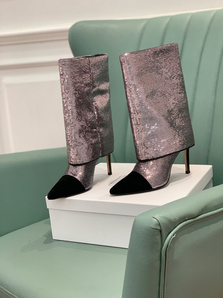 

European and American fashion boots 2022 autumn winter new pointed piping thin heel heel sequins sleeve, Black
