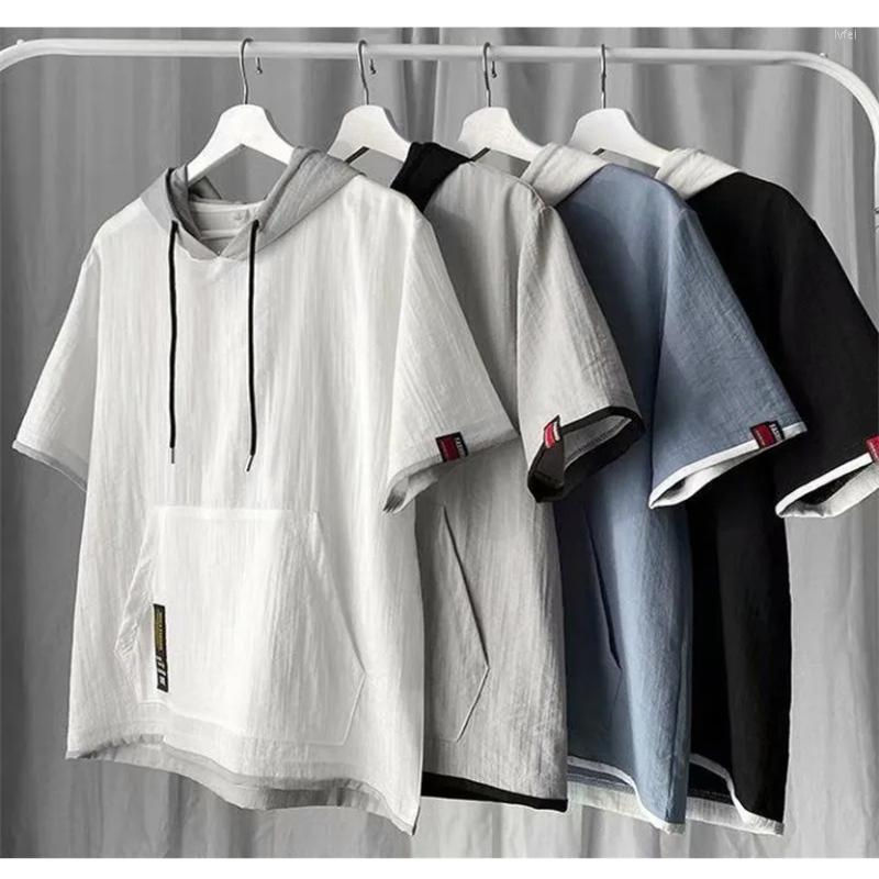 

Men's Hoodies 2022 Summer Sweatshirts For Men Thin Linen Short Sleeve Tops Male Loose Hooded Pullover Solid Casual, White
