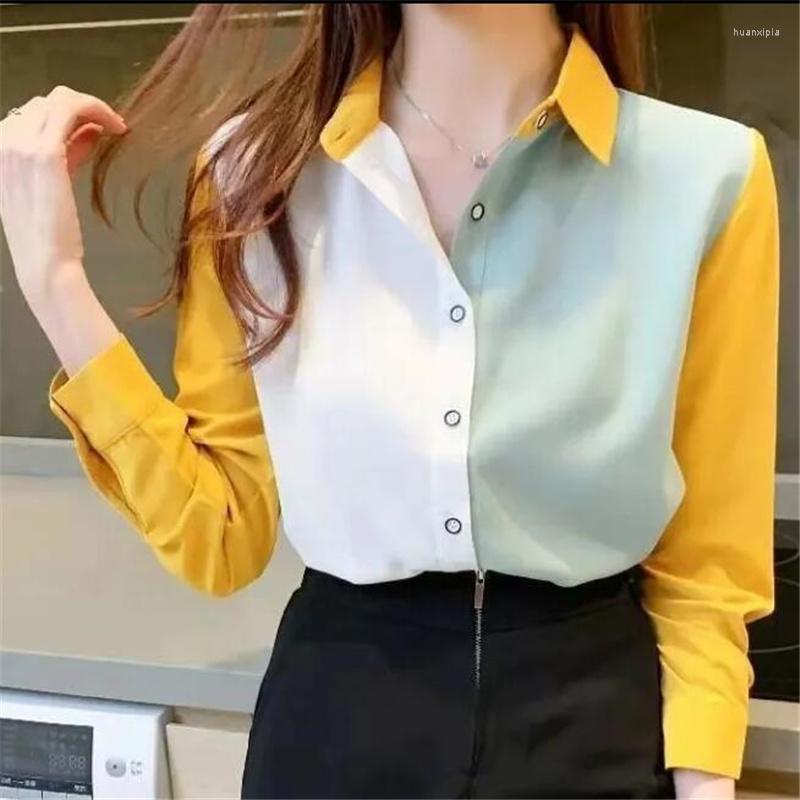 

Women's Blouses Springtime Chiffon Shirt Female Korean Color Matching Long-sleeved Buttons Loose Bottom Top Casual Women, Multi