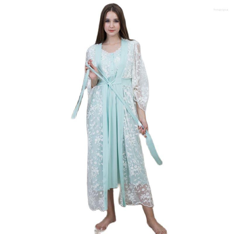 

Women's Sleepwear Dubai Princess Mesh Nightdress Female Summer Autumn Court Style Retro Cotton Elegant Romantic Women Vintage Nightgown, Blue