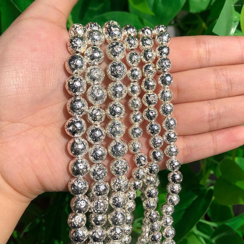 

Beads Natural Lava Stone Round 4/6/8/10mm Silver Plating Volcanic Rock Looes DIY For Jewelry Making Gift Bracelets 15inch