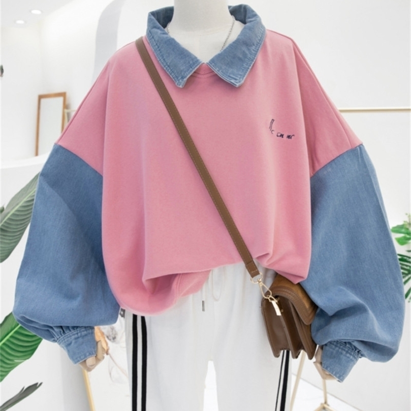 

Womens Hoodies Sweatshirts Denim Stitching Sweatshirts Polo Lapel Contrast Pullovers Women Spring Autumn Thin Hoodies Korean Version Casual Ins Tops 221010, Navy blue