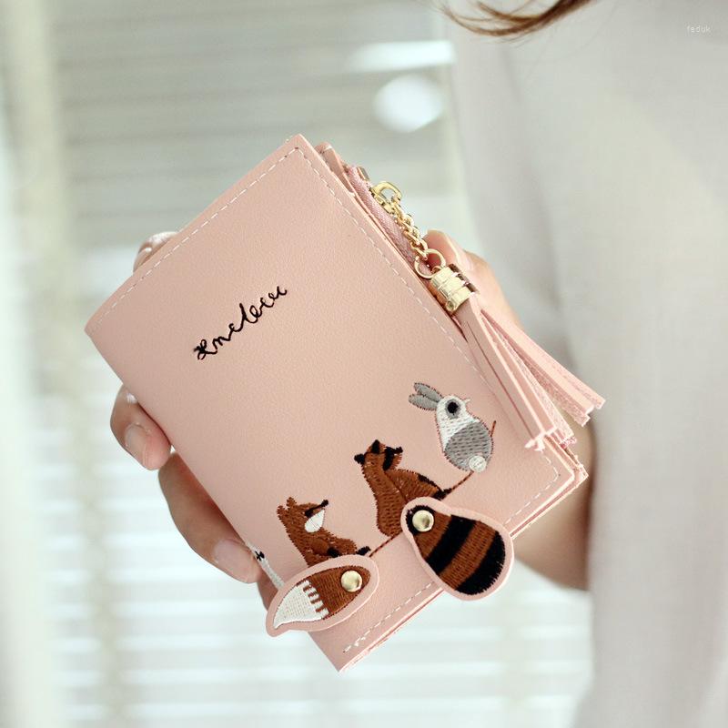 

Wallets PU Leather Hasp Zipper Mini Coin Card Holder Women Cute Cartoon Embroidery Wallet Short Purse Individualit Tassel, Khaki