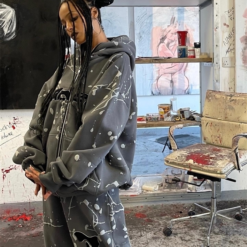 

Womens Hoodies Sweatshirts Embroidered Ink Decorative Loose Zipper Sweatshirt Women Y2K High Street Retro Harajuku Clothing Oversized Hoodie Women 221010