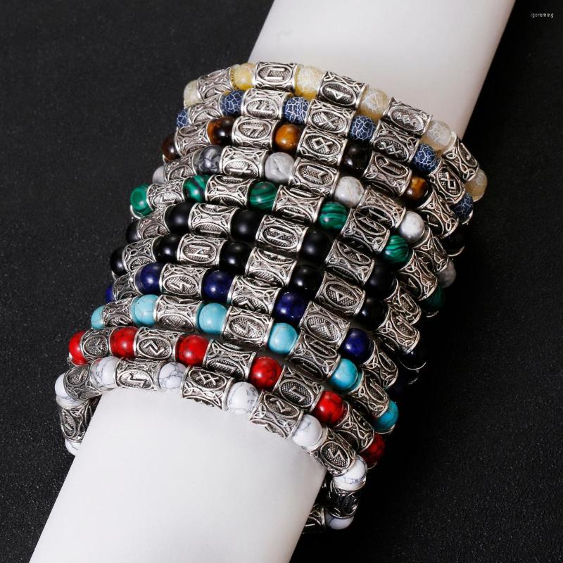 

Strand Men Viking Rune Beads Bracelet Bangles Ethnic Odin Symbol Metal Jewelry Natural Stone Charm Bracelets