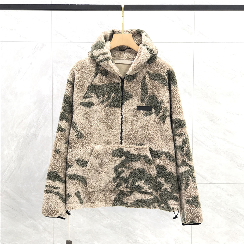 

22fw Autumn Winter Patchwork Silicone Coat Europe Men Women Fashion Half Zipper Warm Camo Windproof Baseball Pocket Cashmere Blend Fleece Jacket, Khaki