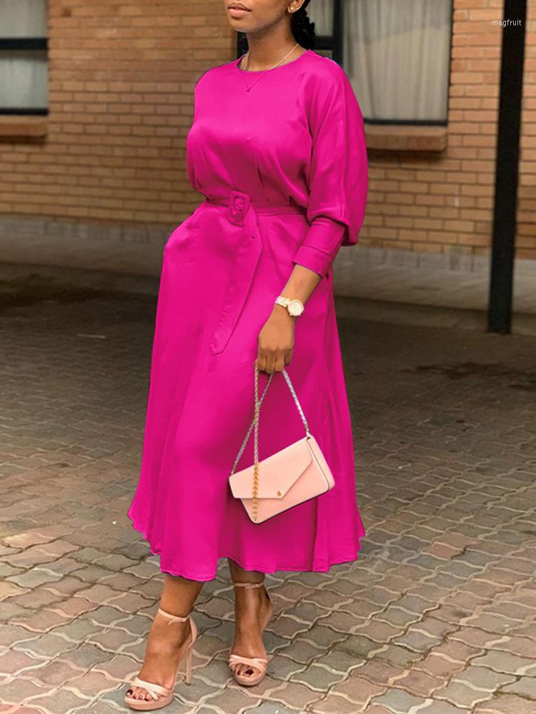 

Casual Dresses VONDA 2022 Autumn Women Vintage Dress O Neck Solid With Belt Long Sleeve Satin Silk Party Sundress Pleated Robe, Green