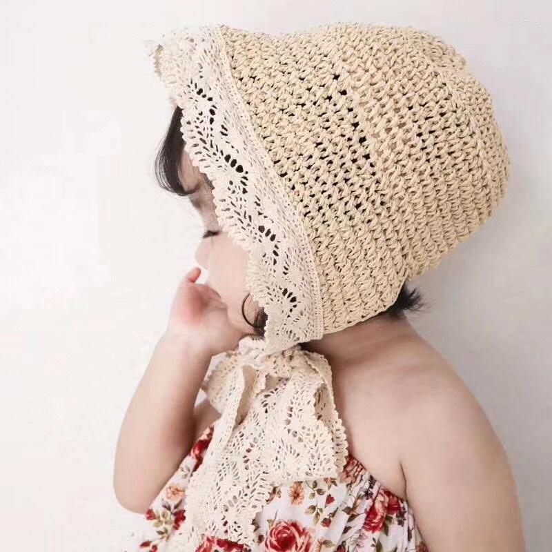 

Hats Kids Hat For Beach Baby Girl Lace Strap Sun Handmade Children Summer Travel Loli Folding With Bandage, Beige