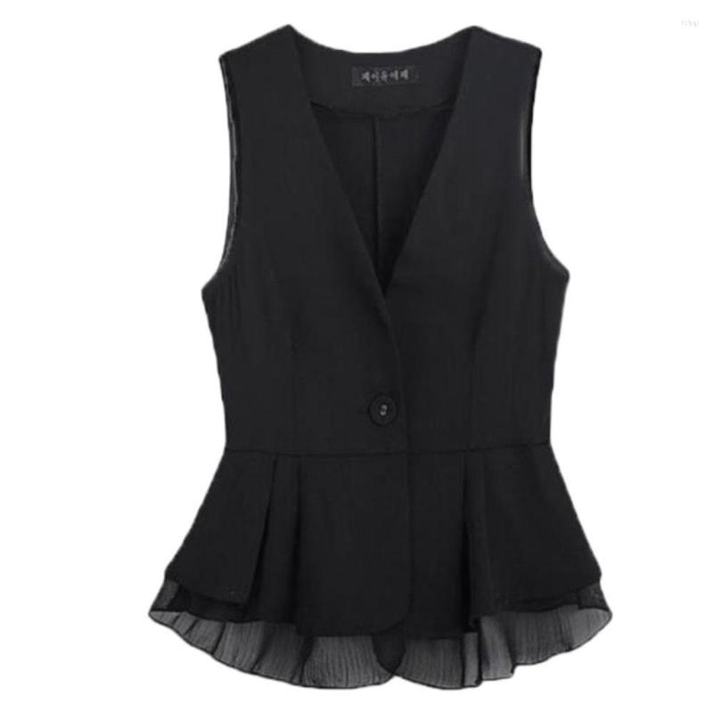 

Women' Vests Women Casual Sleeveless Jackets Summer Slim Fit Ruffles Waistcoat Female Tops V-Neck Elegant Office Ladies Veste, Black