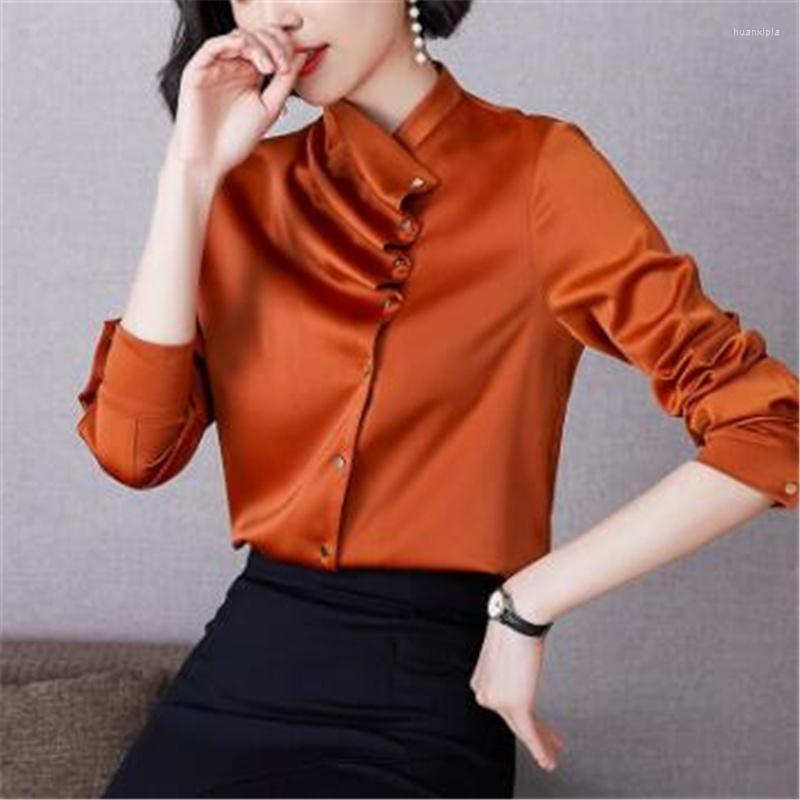 

Women's Blouses Oblique Placket Silk Chiffon Shirt Women Satin Blouse Long Sleeve Shirts Woman Elegant Top, Coral red