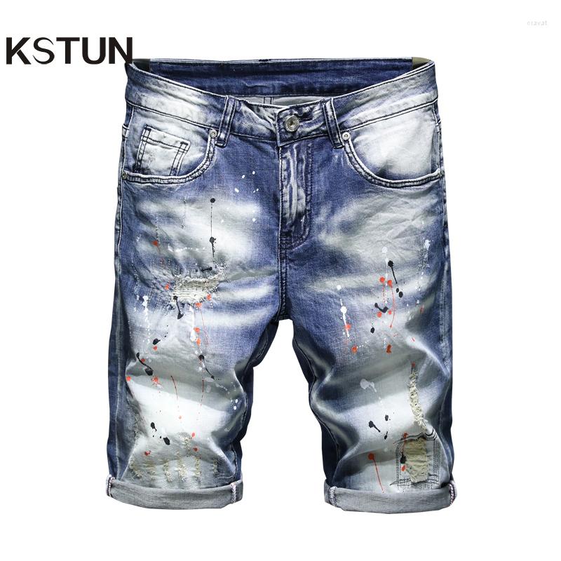 

Men's Jeans Hip Hop Denim Shorts For Men Ripped Stretch Slim Fit 2022 Summer Painting Patchwork Distressed Men's Corpped Pants, Blue