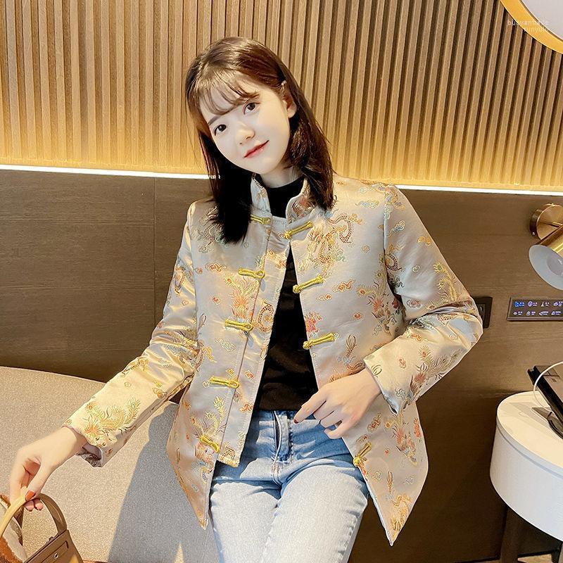 

Ethnic Clothing Autumn Winter Embroidery Chinese Style Jacket Black Hanfu Women Short Coat Tang Suit Female Vintage Tops Stand Collar