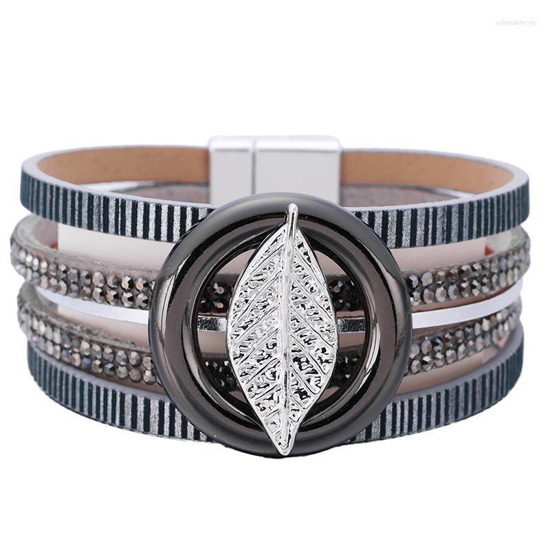 

Bangle Leather Bracelet Female Trendy Leaf Metal Charm Rhinestone Crystal Multilayer Wide Bracelets For Women Jewelry