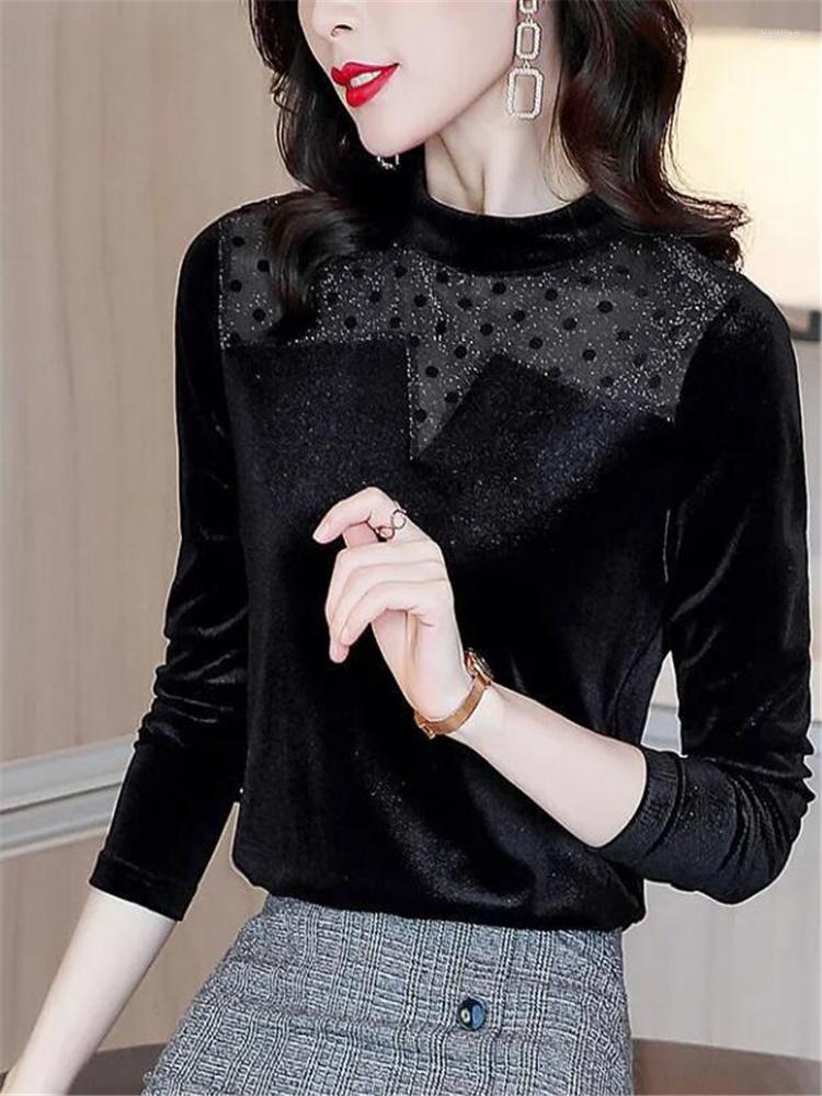 

Women's T Shirts Black Gold Velvet Bottoming T-shirt Women's Tees Mesh Stitching Jumpper Top O-neck Long-Sleeve Slim Warm Blouses Female, Black thin