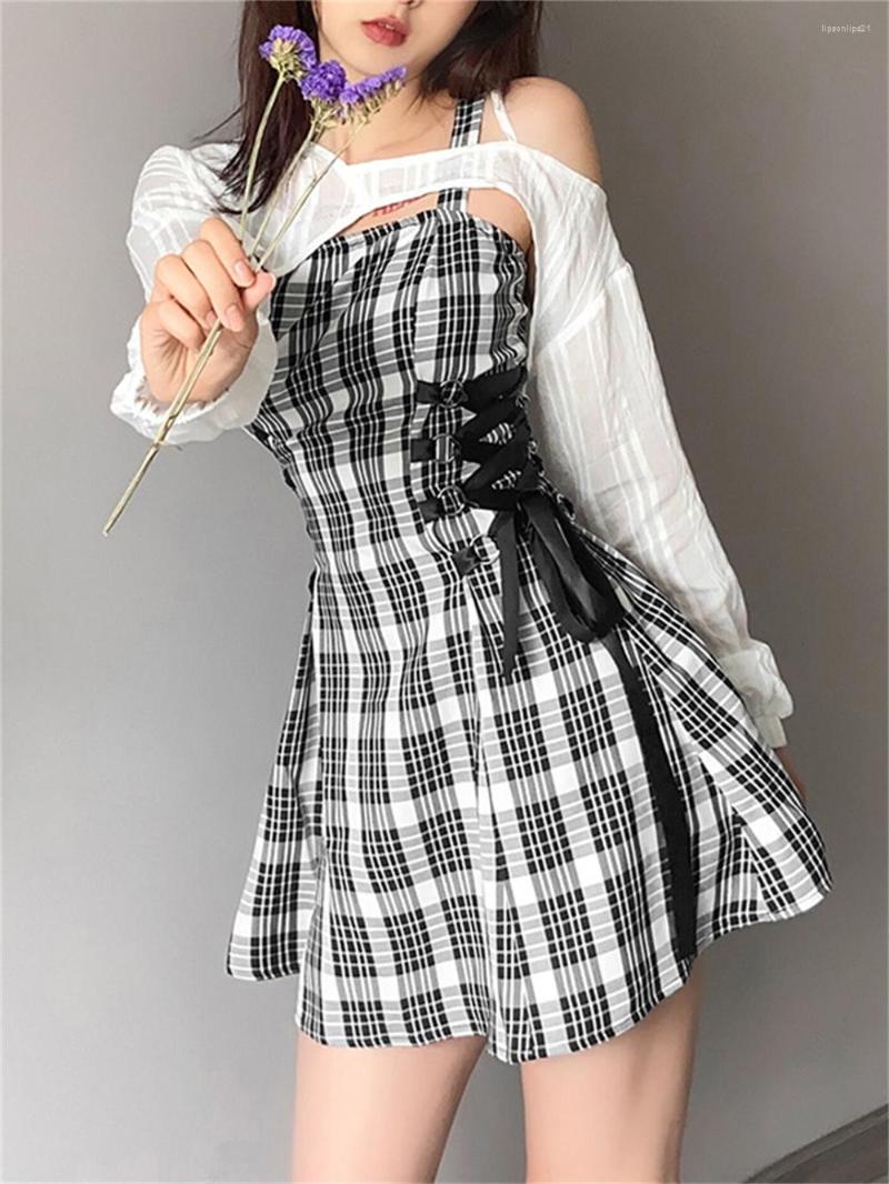 

Casual Dresses Kawaii Plaid Print Strap Lolita Dress Lace Up Mini Irregular Harajuku Aesthetic 2PCS Streetwear Women Alt Clothes, White blouse