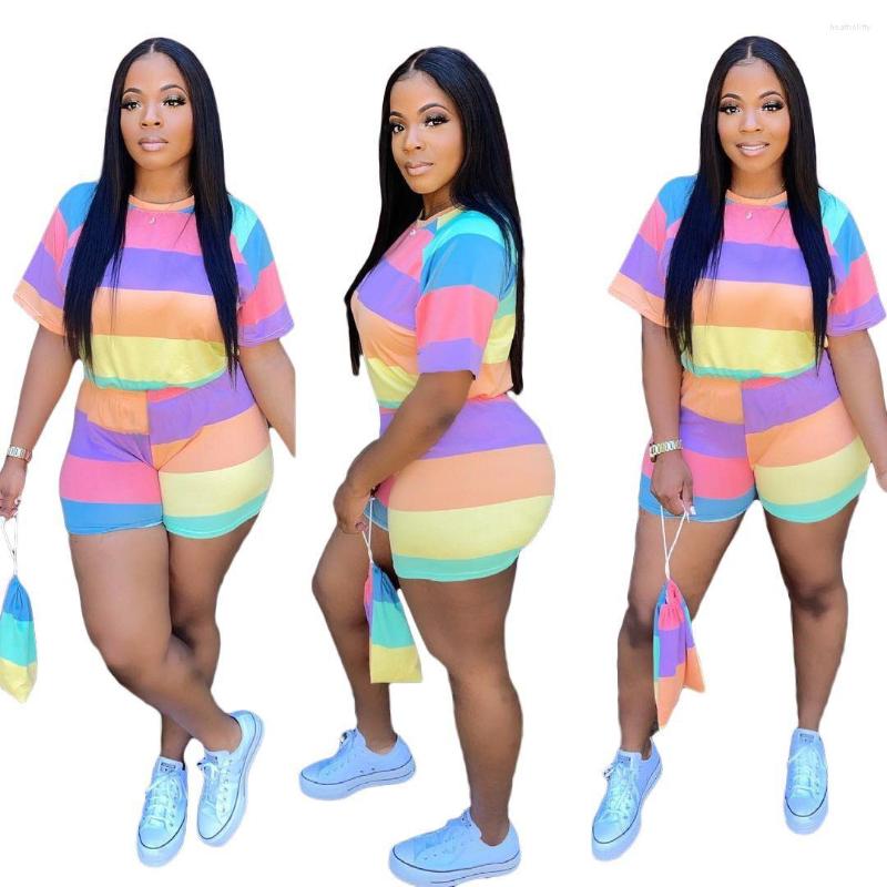 

Women' Tracksuits Rainbow Striped Plus Size Two Piece Set Tracksuit Women Sexy Top Shorts Sweat Suits 2 Outfits Matching Sets, Pink