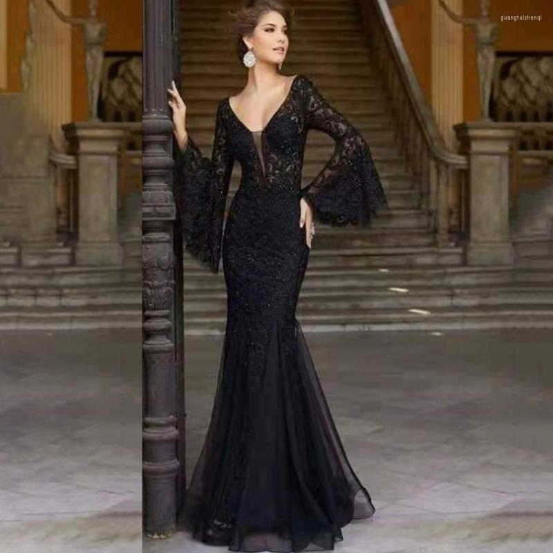 

Casual Dresses Sexy V Neck Long Flare Sleeve Black Lace Dress Wedding Party Women Evening Elegant Night Club Prom Maxi, Black dress