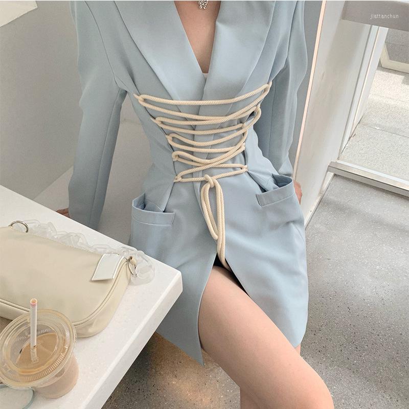 

Casual Dresses Autumn Designer Suit Dress Streetwear Notched Bandage Irregular Short Elegant Sexy Slim Fit Long Sleeve Lady