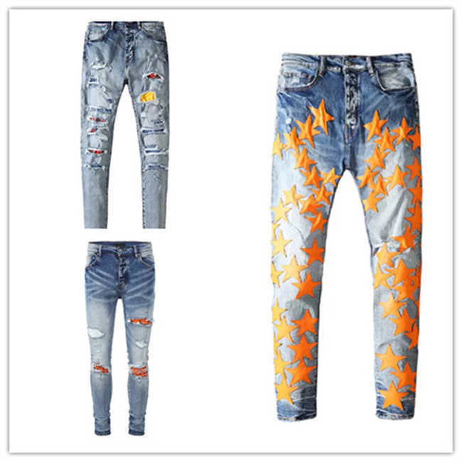 

Fashion Men Jeans Mens Slim Casual Pants Elastic Trousers Light Blue Large Code Rabbit Print Hole Patch Cotton High Street Black Stretch Fit