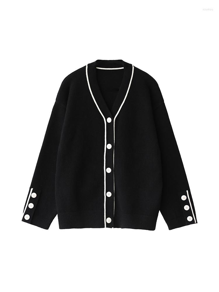 

Women' Knits 2022 Women Autumn Winter V-neck Single Breasted Knitwear Contrast Color Loose Casual Coat Design Simplicity Knitted Sweater, Black