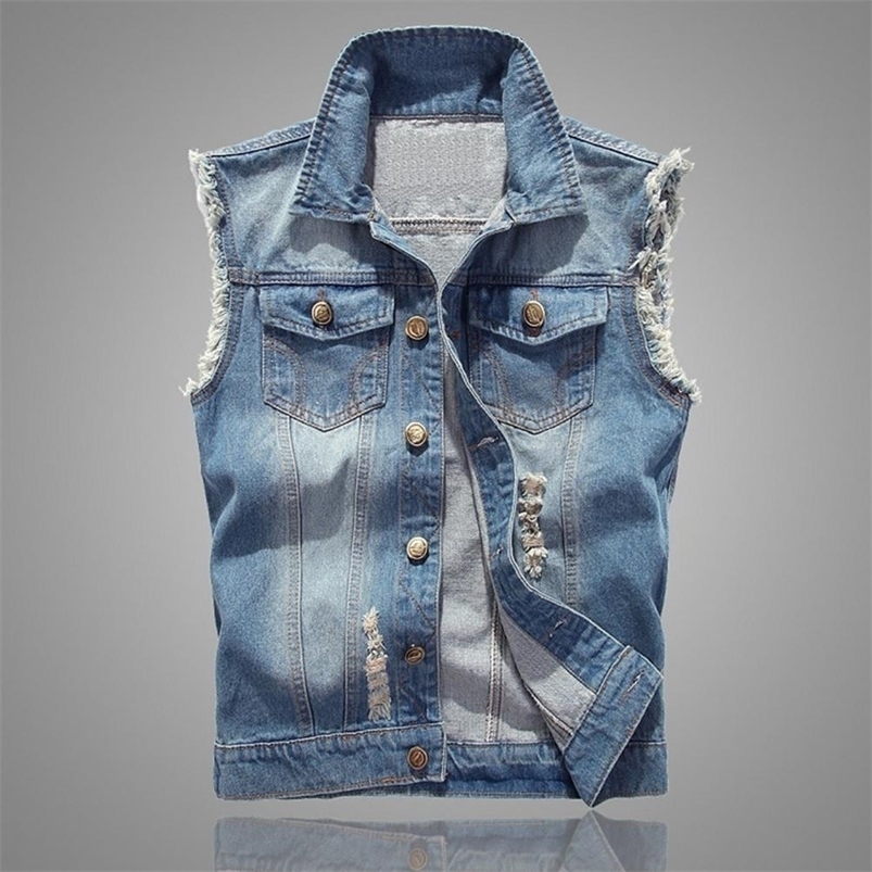 

Men's Vests Denim Sleeveless Jacket Men Fashion Ripped Cotton Jean Vests Gilet Casual Jeans Waistcoat Cowboy Hip Hop Streetwear Clothing 221010, Dark blue