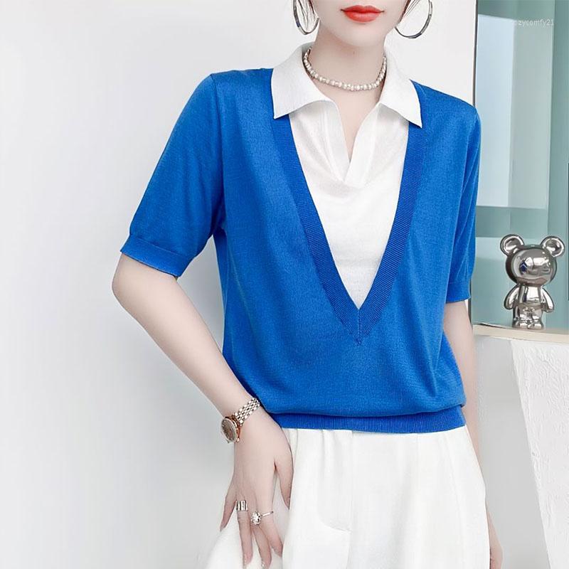 

Women's Sweaters Women Solid Loose Knit Spring Summer POLO Collar Short Sleeve Patchwork Fake Two Piece Fashion Female Casual Pullovers, Green