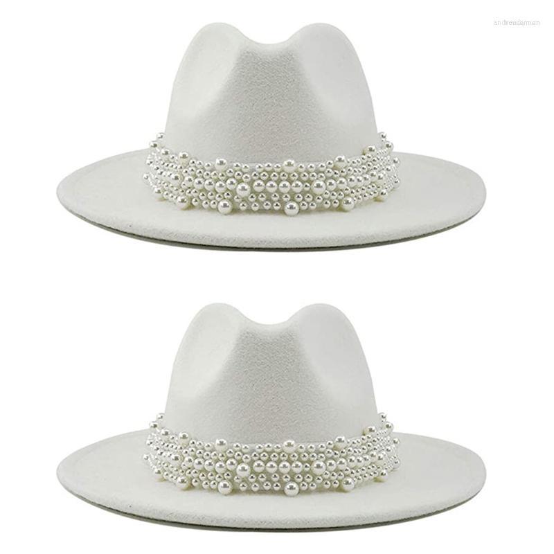 

Berets Jazz Hat With Pearl Beads Decor Fedora Hats Wide Brim Dress HatBerets, White