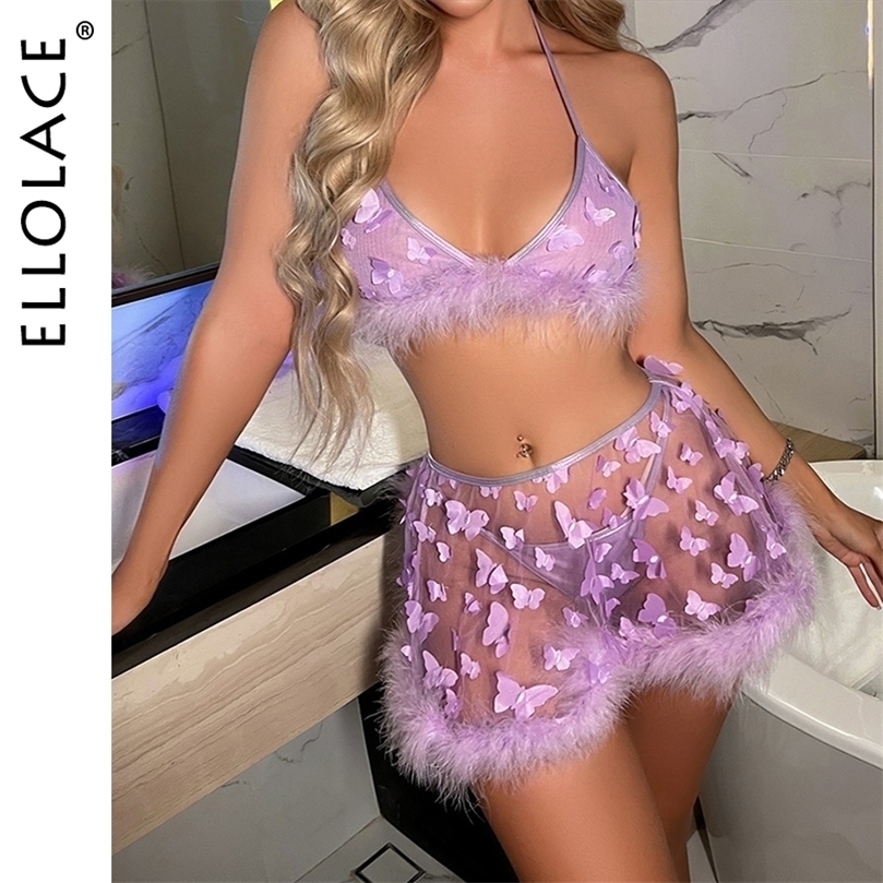 

Sexy Set Ellolace Feather Lingerie Butterfly Underwear Women Transparent Sexy Without Feeling Purple Thongs 3Pieces Fancy Lace Intimate 221010