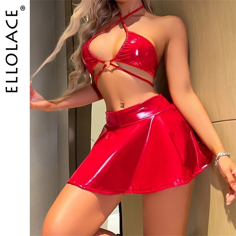 

Sexy Set Ellolace Fetish Pvc Lingerie PU Leather Setup Ladies Skirt Underwear Red Set Woman 2 Pieces Cross Bra Sexy Outfits 221010