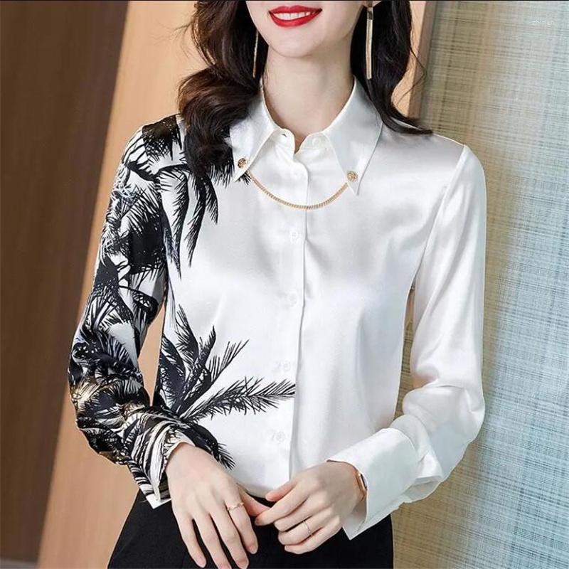 

Women's Blouses Trendy Printed Satin Women Shirt Doll Collar Long Sleeve Buttons Up Woman Basic OL Silky White Female