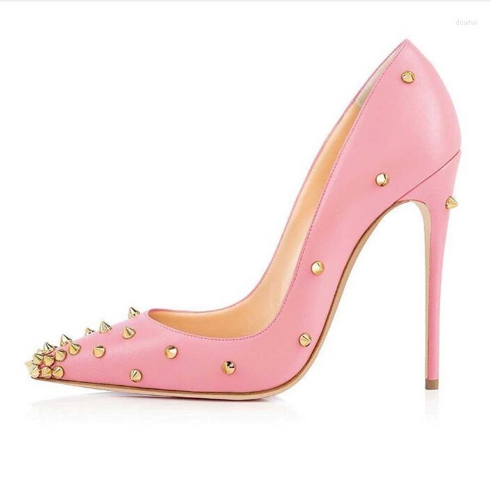 

Dress Shoes Sexy Pointed Toe High Heel Pumps Matte Leather Gold Rivet Spikes Women Heels Pink Blue Yellow Size 45, Picture shown